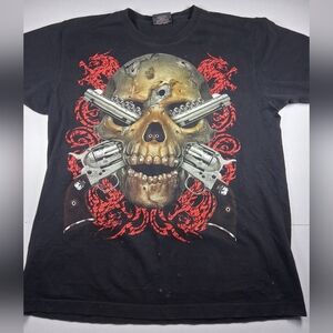 Jay's Rock Skull & Guns Graphic T-Shirt Size Large Ring Studded Teeth Black Drag